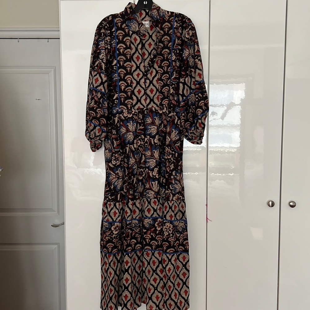 Sue Sartor black print midi dress with belt